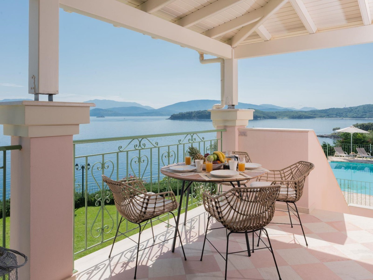 Terrace with seating and sea views at Villa Elia, Corfu