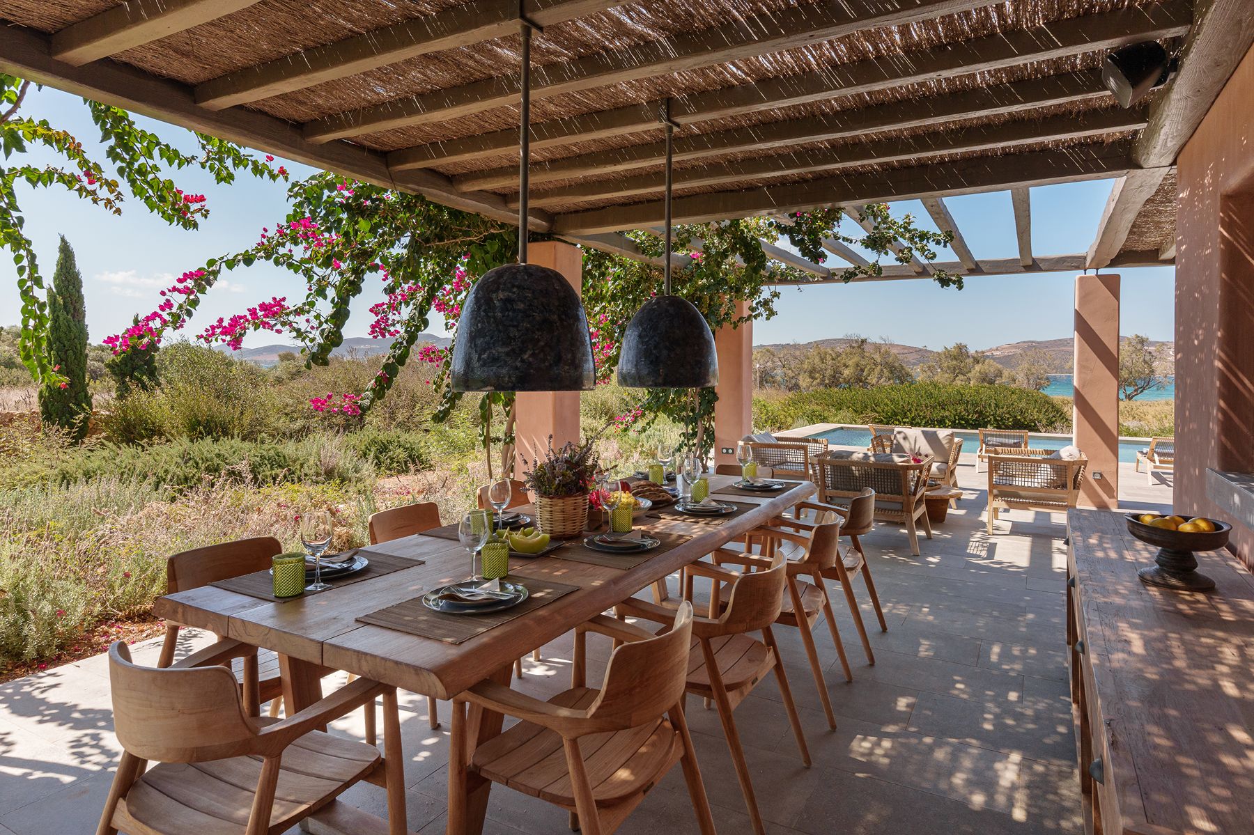 Dining terrace and gardens at Villa Galini, Paros