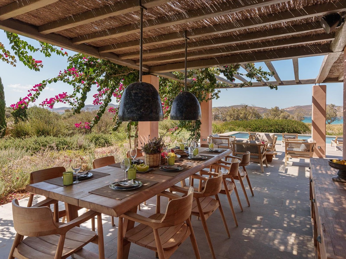 Dining terrace and gardens at Villa Galini, Paros