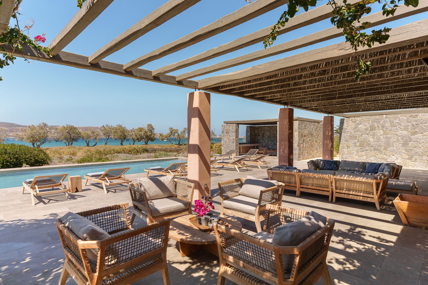 Outdoor seating and pool at Villa Galini, Paros