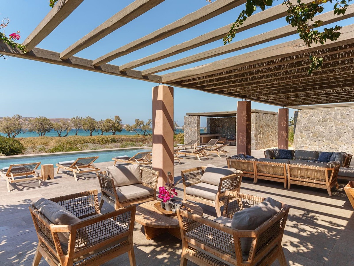 Outdoor seating and pool at Villa Galini, Paros