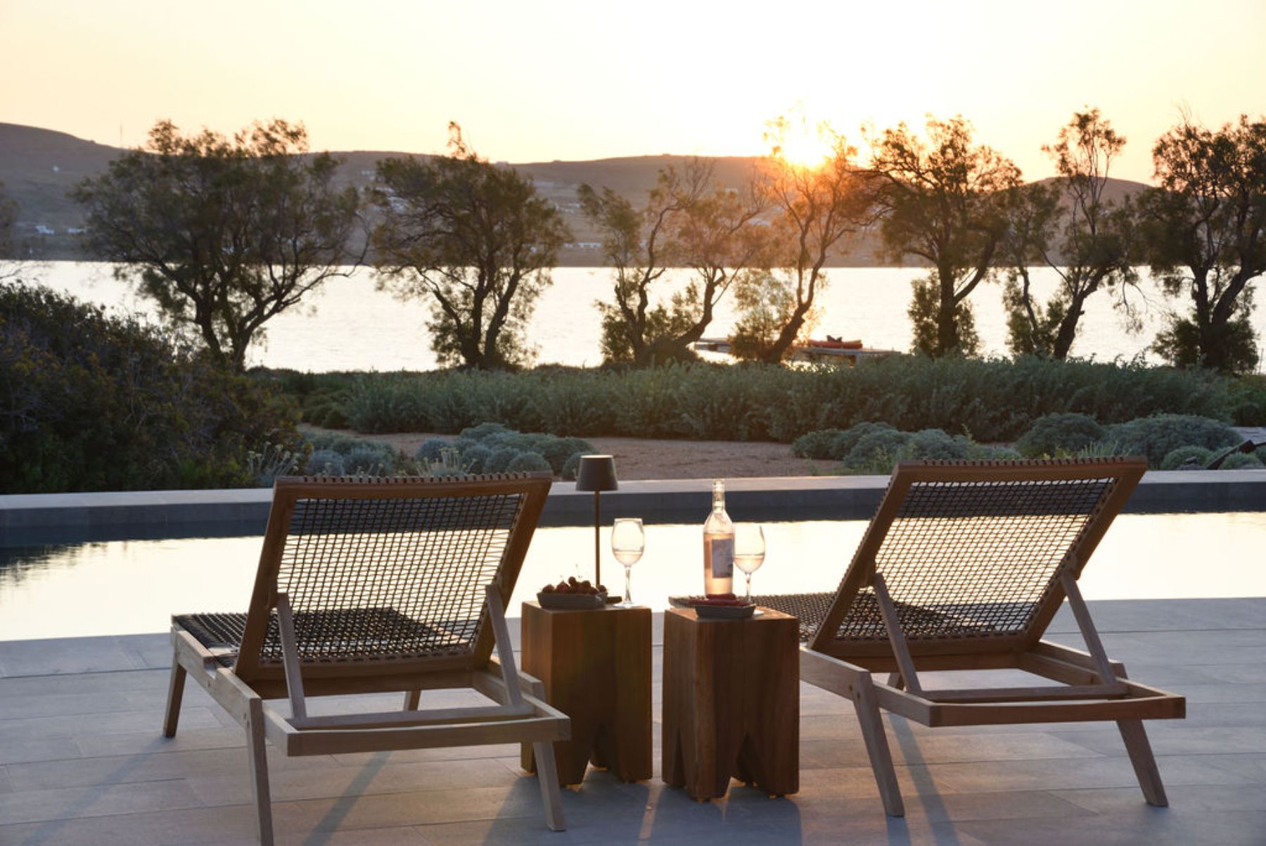 Pool with loungers at Villa Galini, Paros