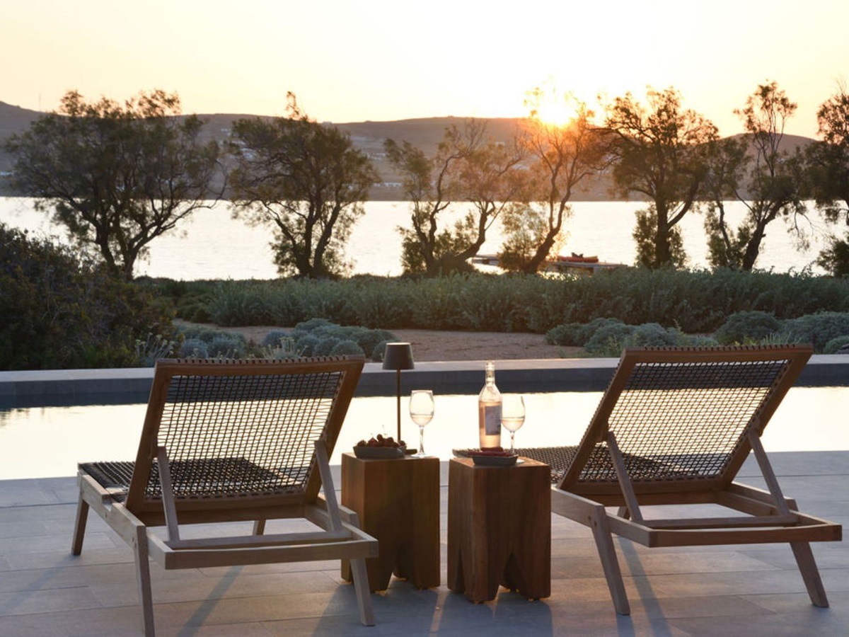 Pool with loungers at Villa Galini, Paros