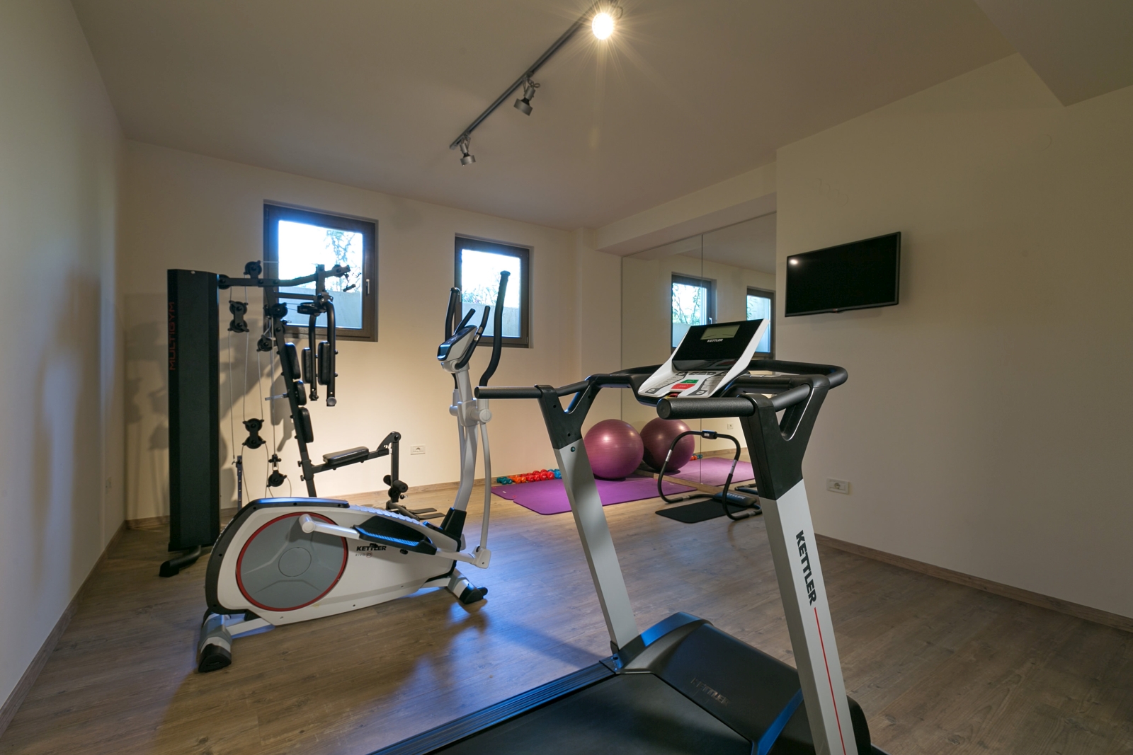 Gym with equipment, large mirrors and two small windows at Villa Ianira on Crete, Greece