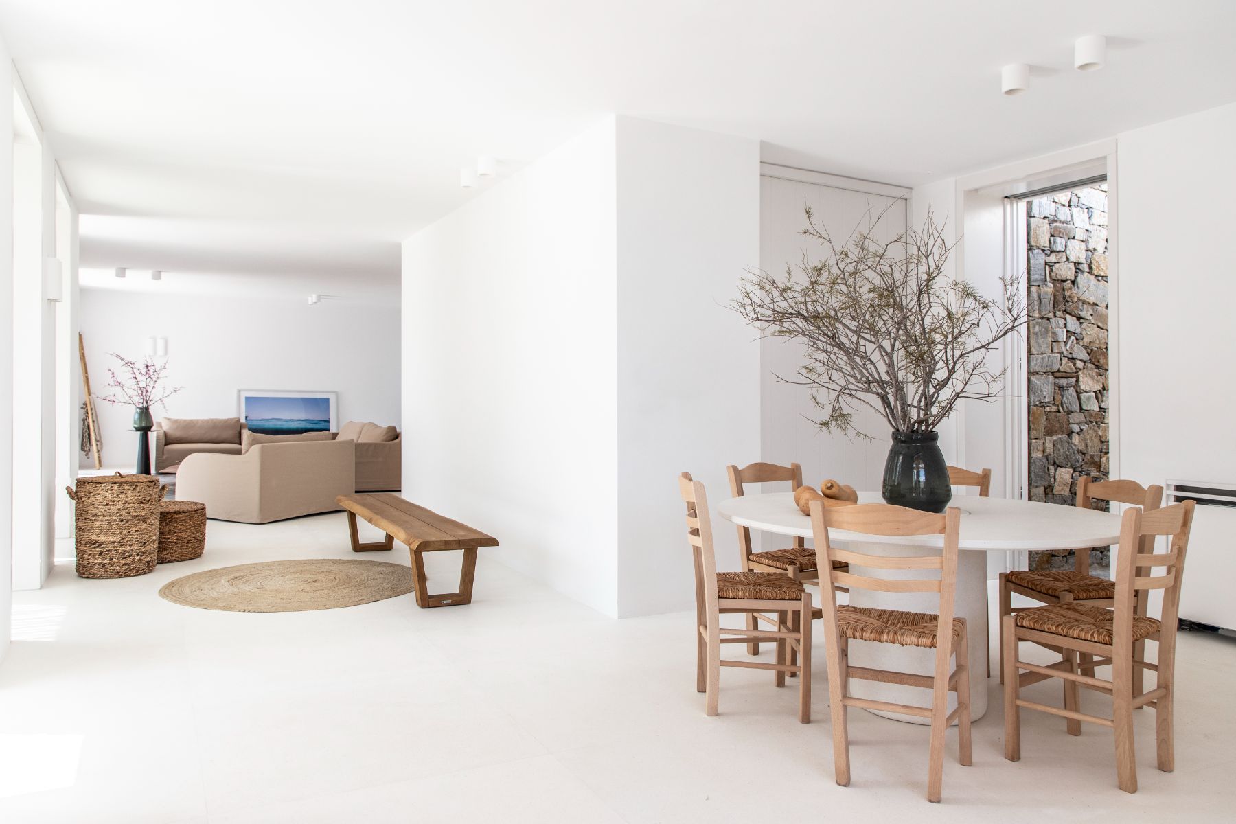 Open plan dining and living area at Villa Irida, Paros