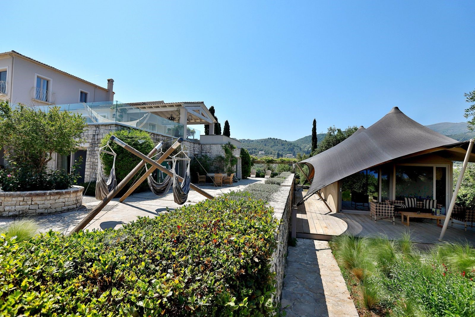 Lower terrace with yurt at Villa Jasmine, Corfu