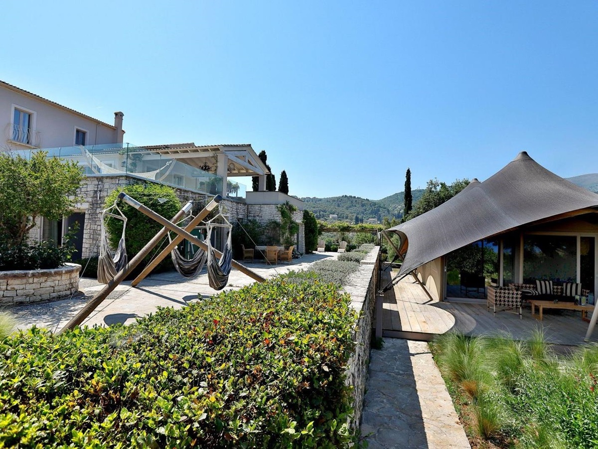 Lower terrace with yurt at Villa Jasmine, Corfu