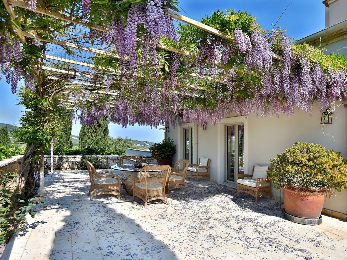 Outdoor dining terrace covered with wisteria at Villa Jasmine, Corfu