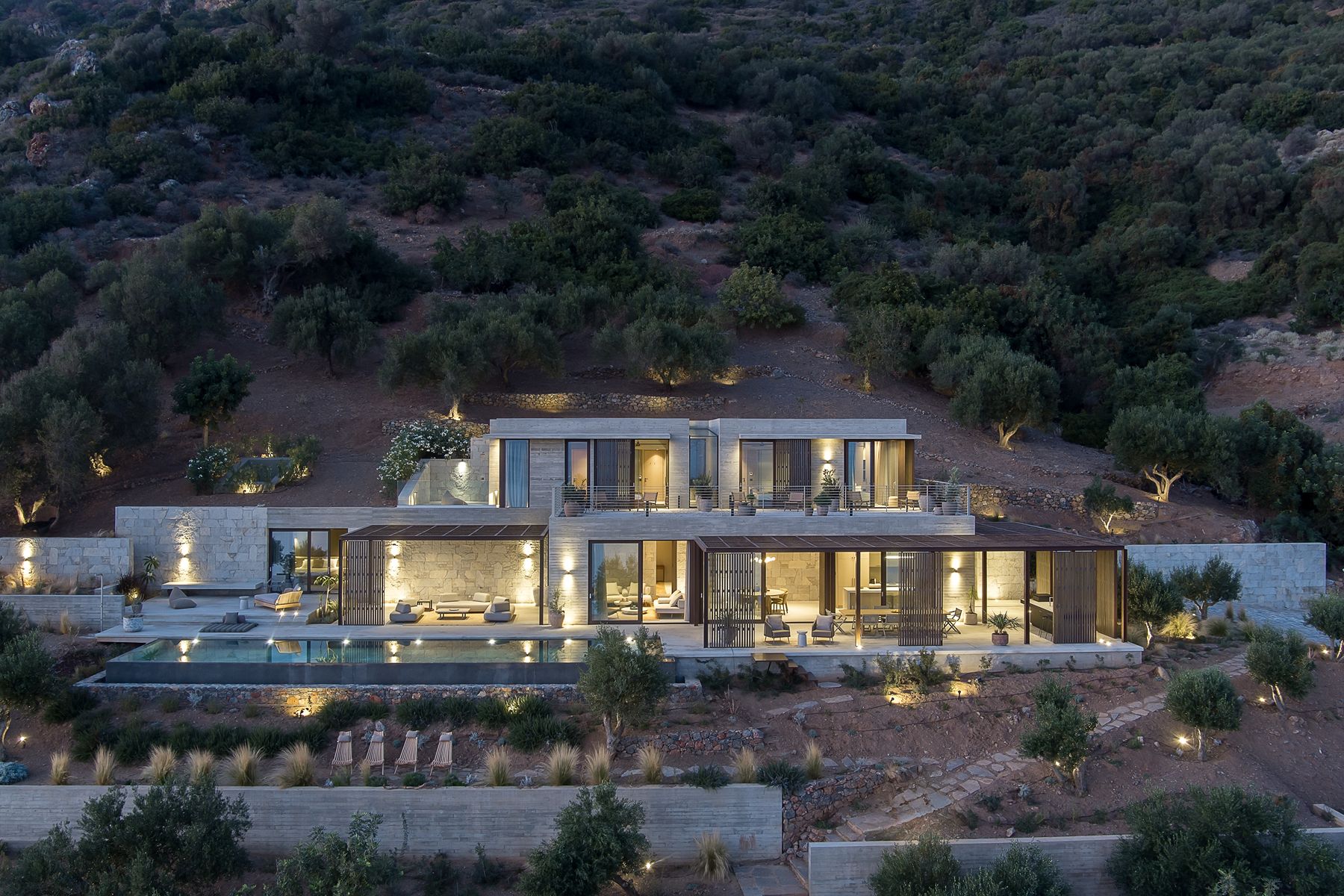 Exterior at night at Villa Kallisti in Crete