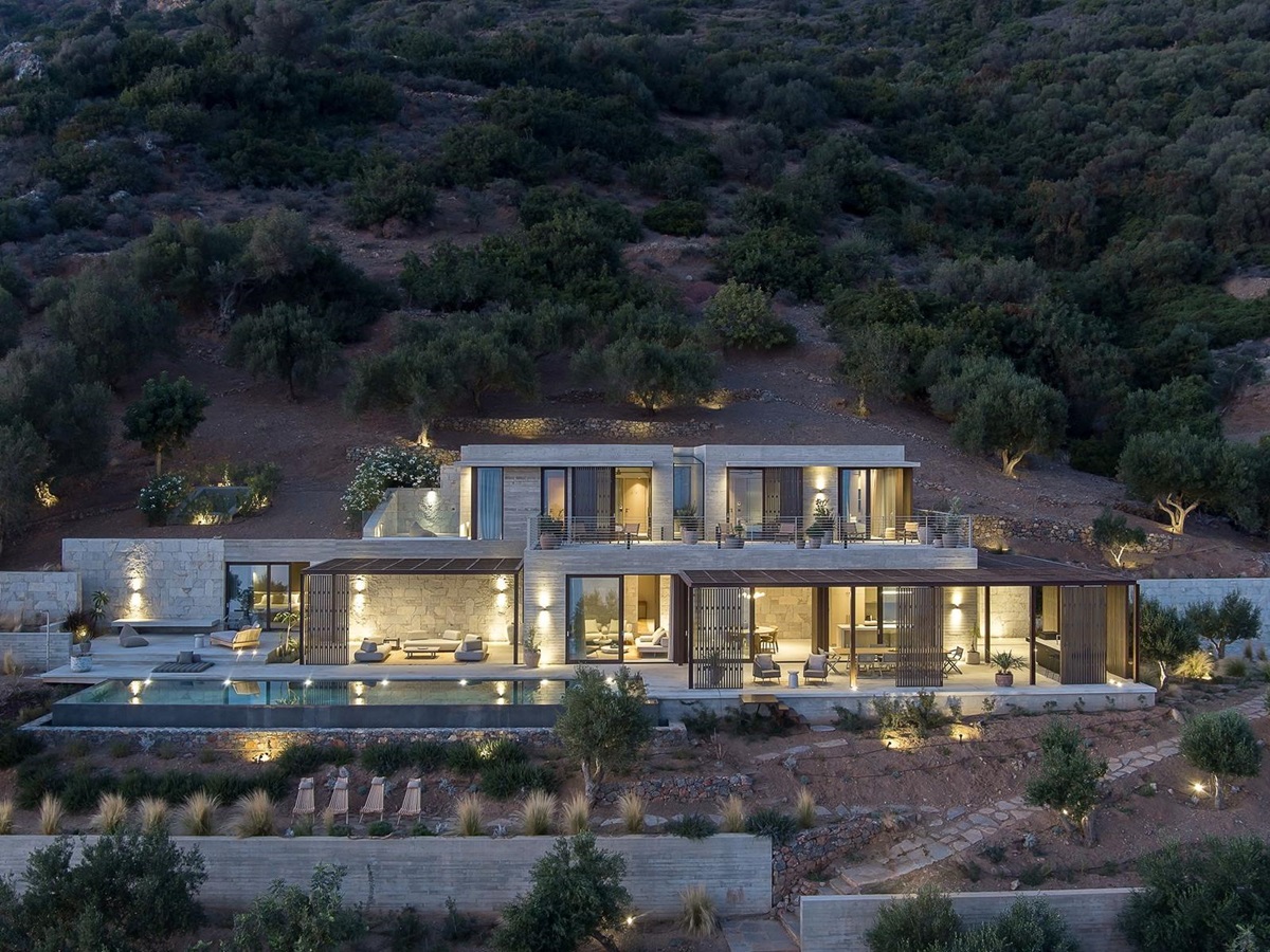 Exterior at night at Villa Kallisti in Crete