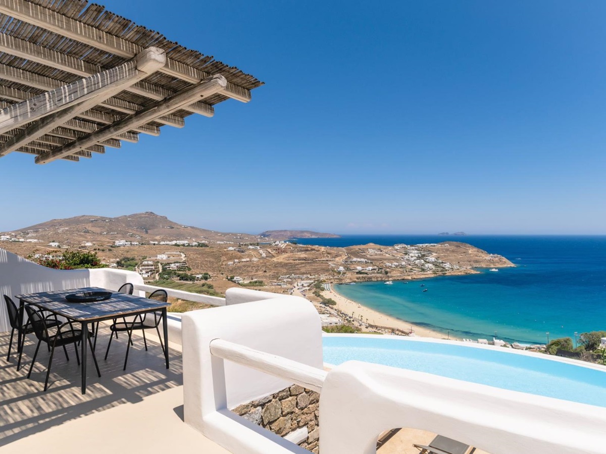 Outdoor dining area with sea views at Villa Kallos, Mykonos