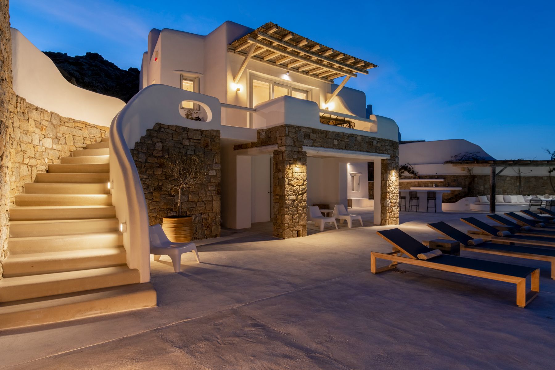 Exterior evening view of Villa Kallos, Mykonos