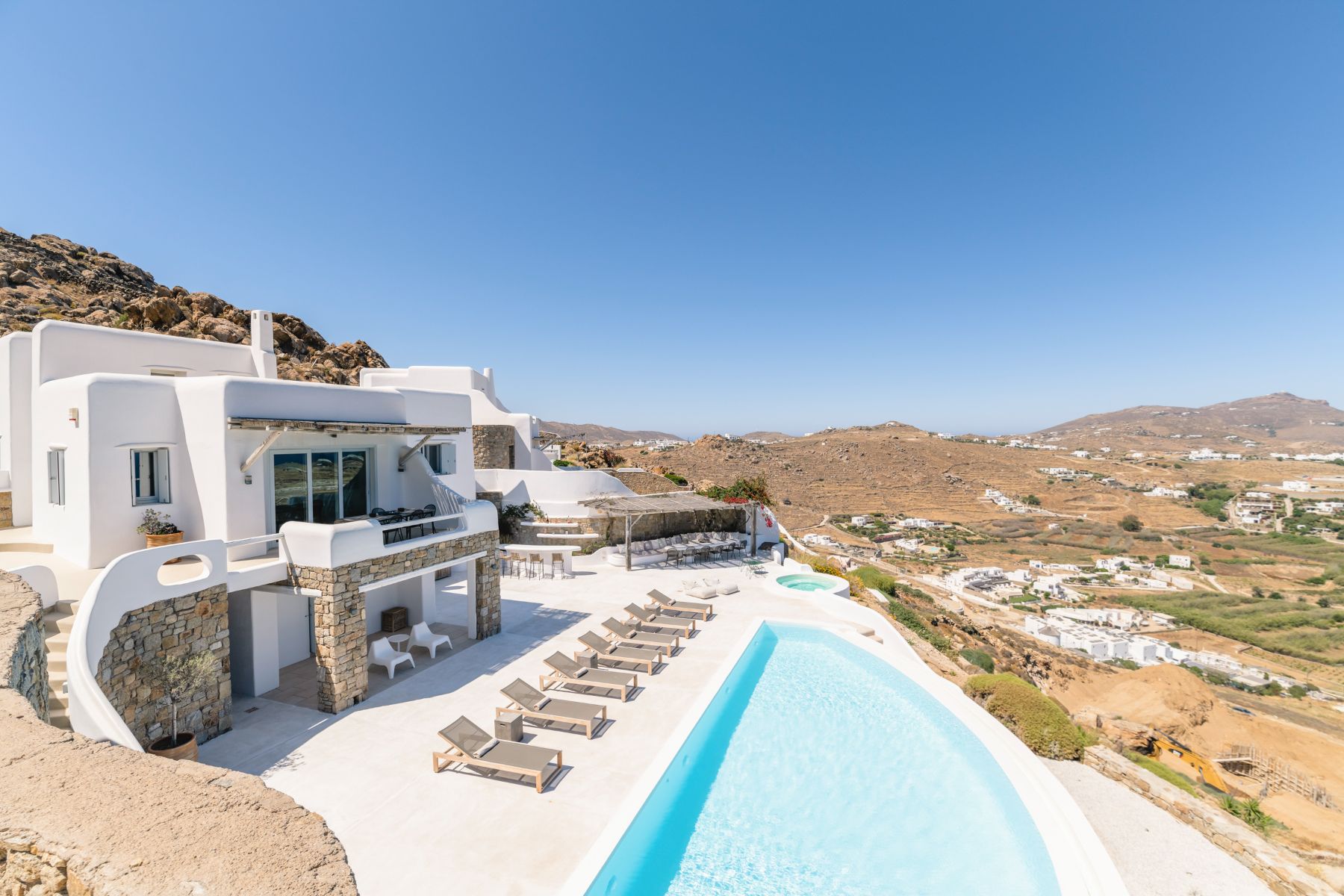 Pool and view of house at Villa Kallos, Mykonos