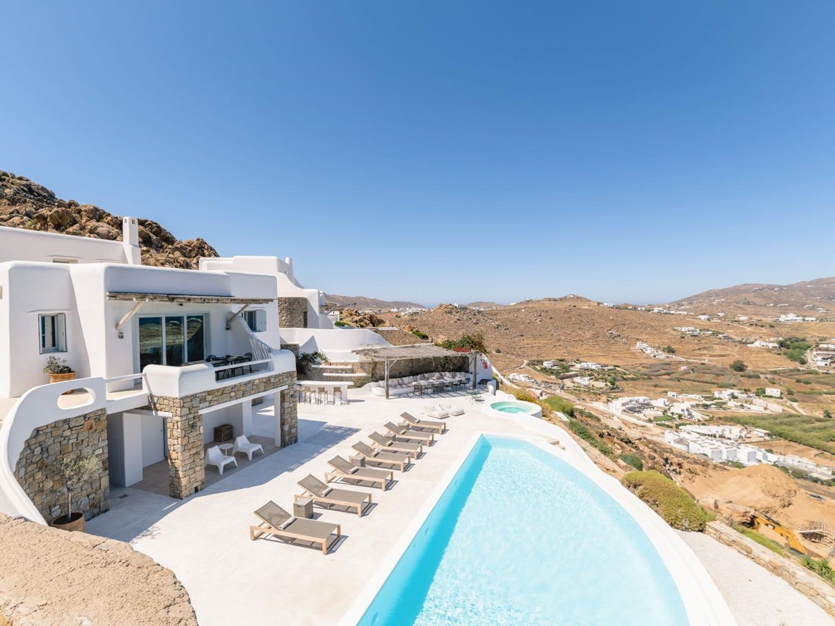 Pool and view of house at Villa Kallos, Mykonos