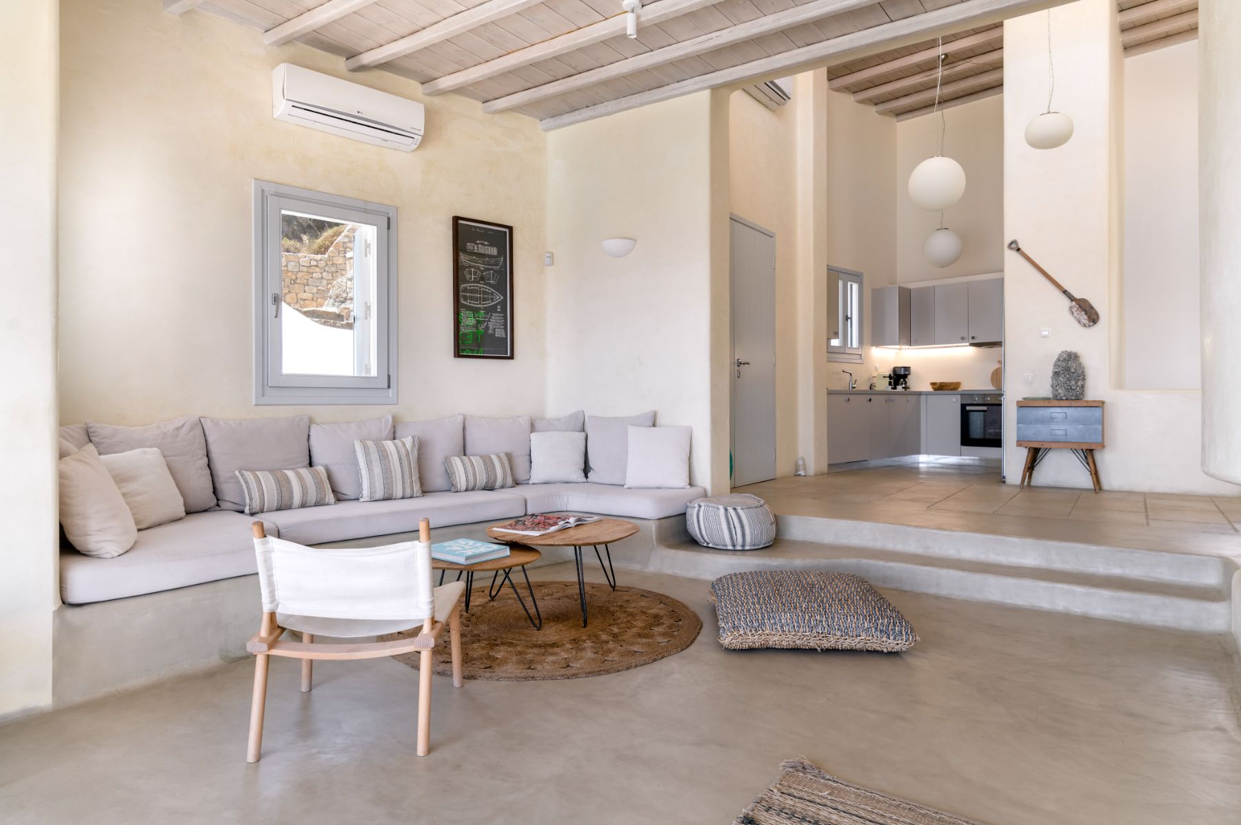 Living room and kitchen at Villa Kallos, Mykonos