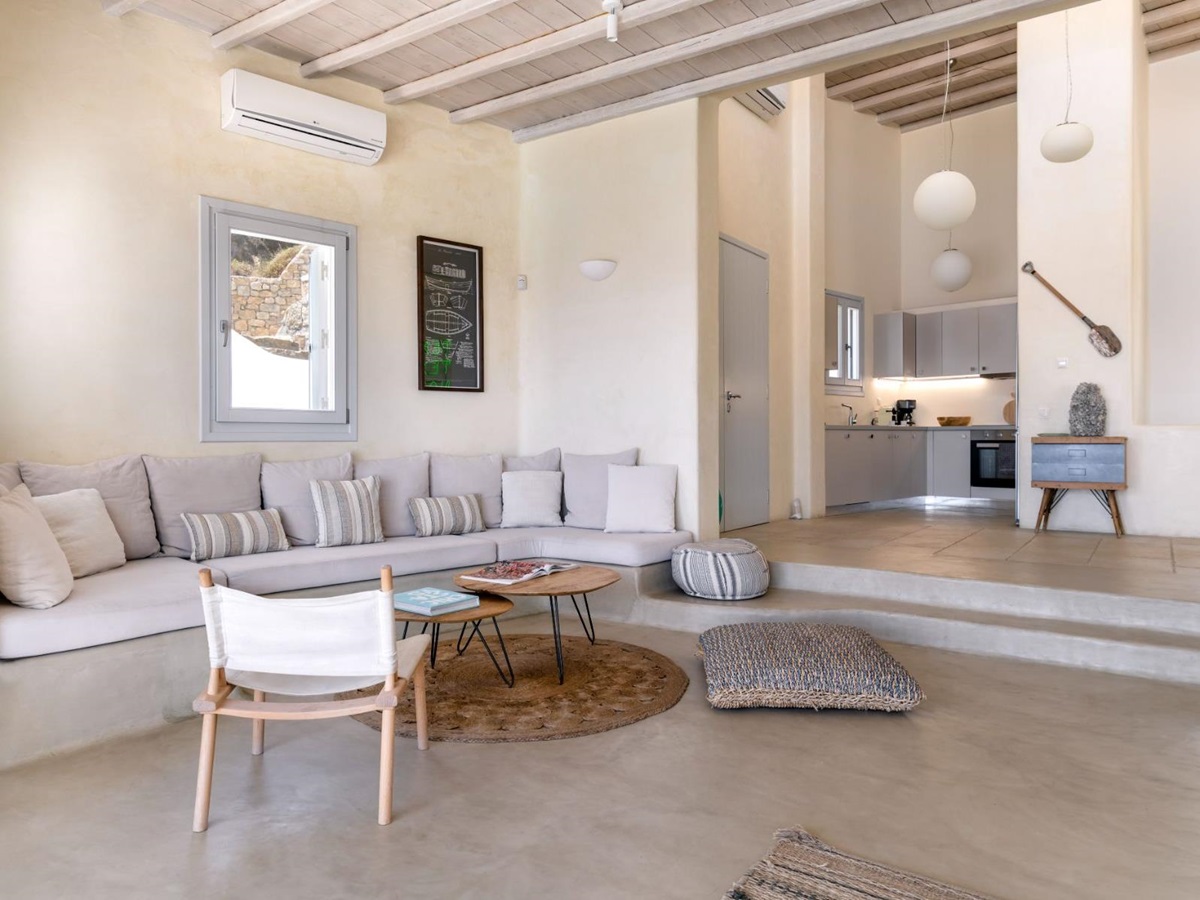 Living room and kitchen at Villa Kallos, Mykonos