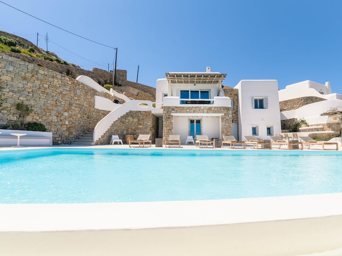 Pool and view of house at Villa Kallos, Mykonos