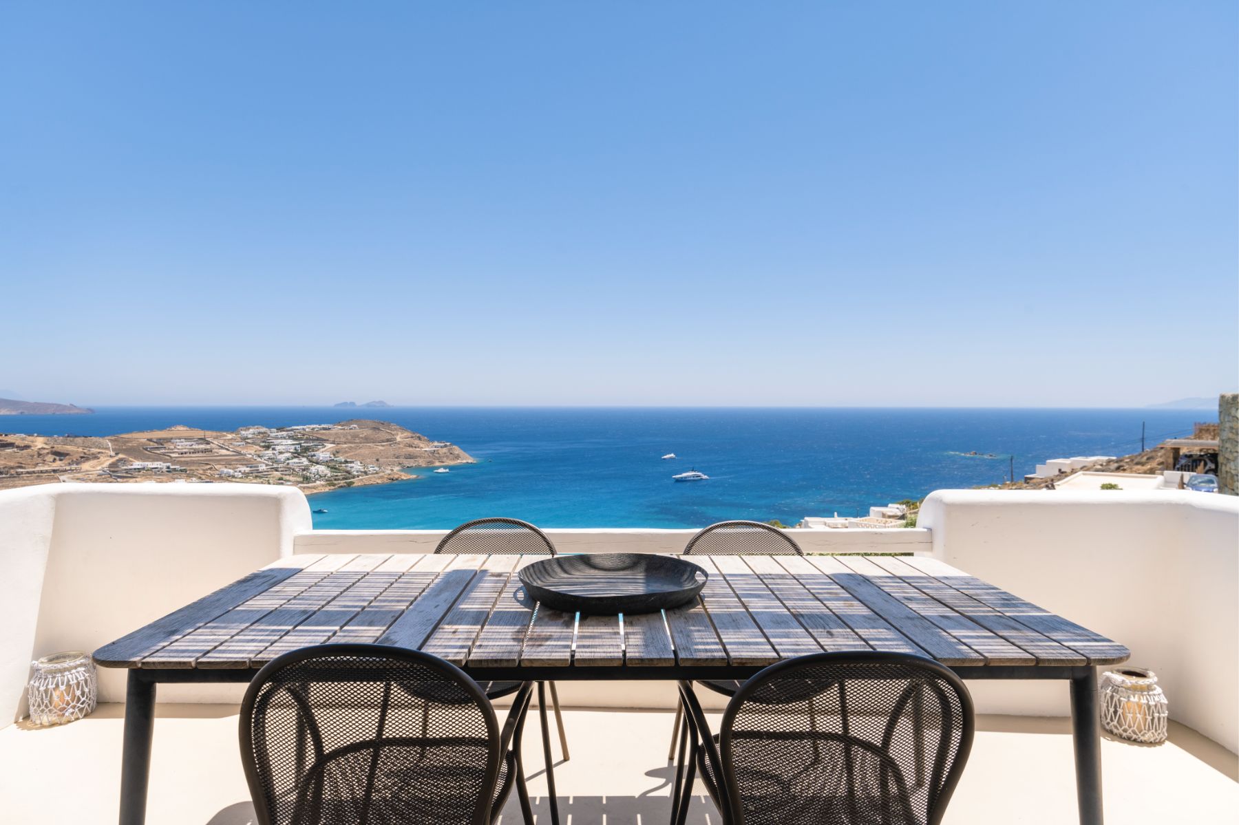 Outdoor seating with sea view at Villa Kallos, Mykonos