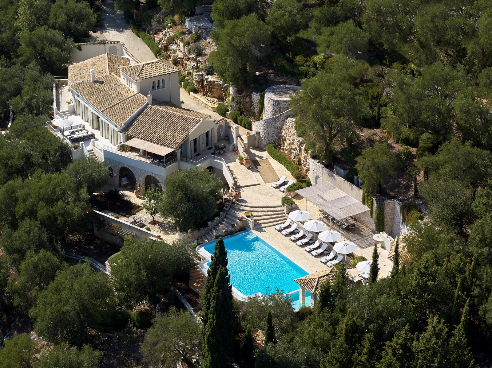 Aerial view of the property with pool at Villa Kerasia in Corfu