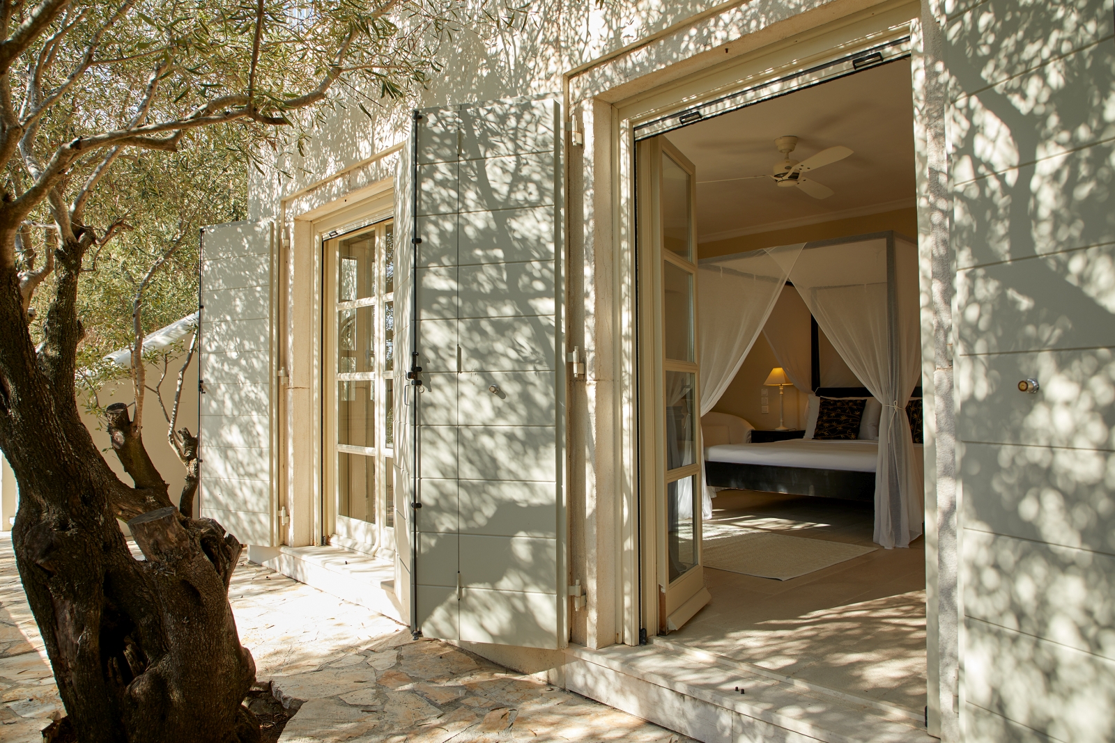 Shaded terrace attached to Master bedroom at Villa Kerasia in Corfu