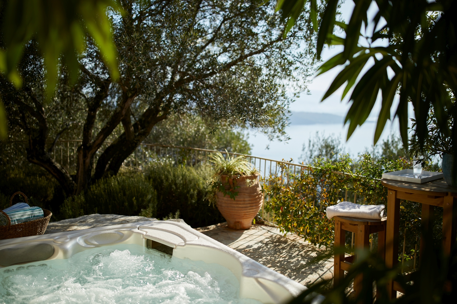 Hot tub with sea views at Villa Kerasia in Corfu