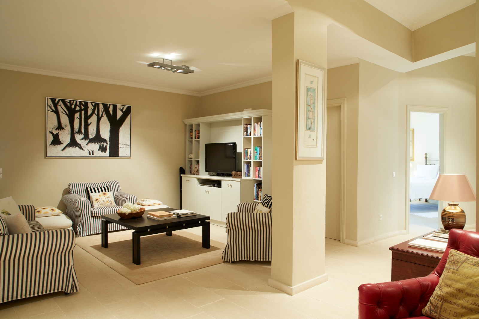 Media room with sofas and TV at Villa Kerasia in Corfu