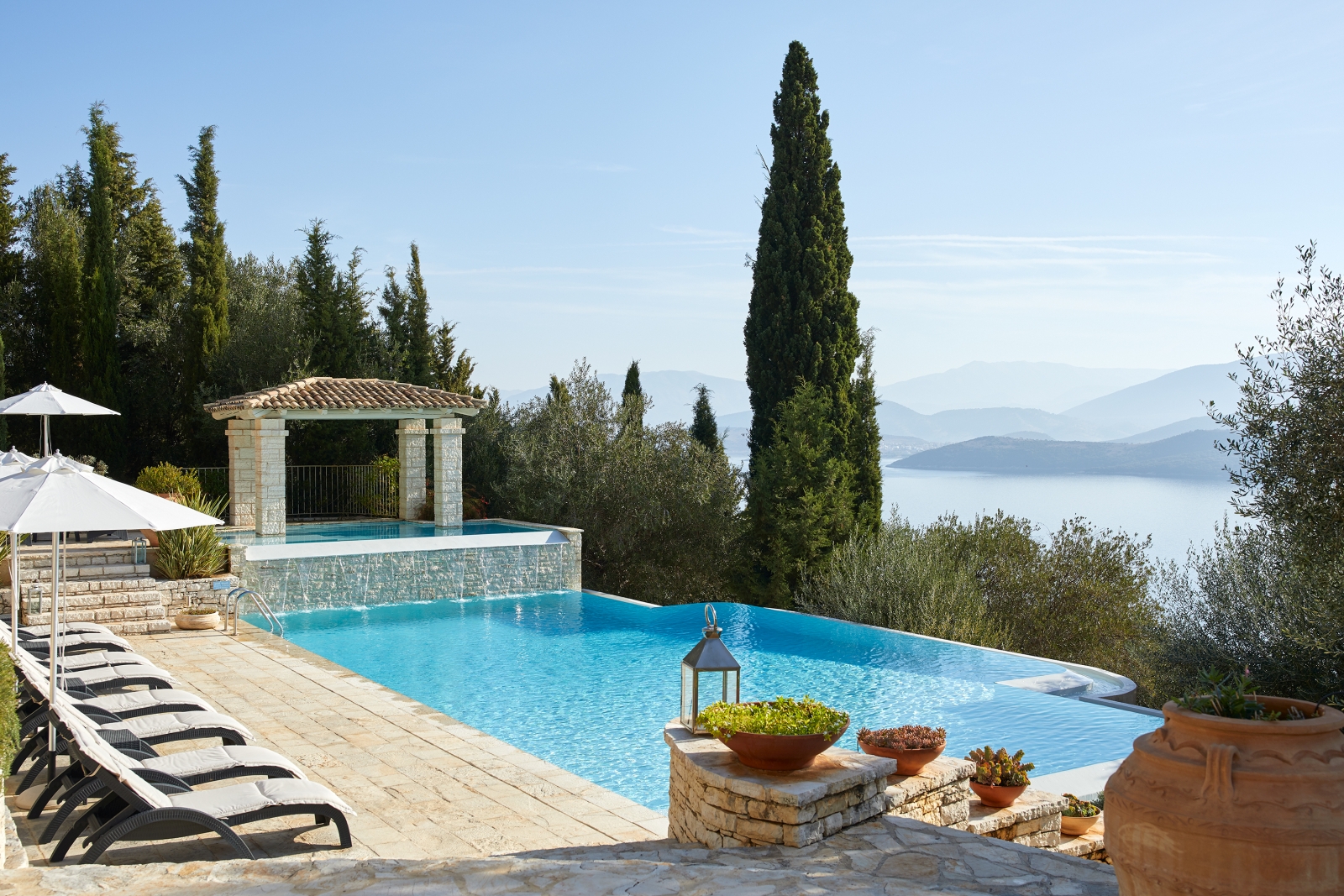 Pool close-up with sea view at Villa Kerasia in Corfu