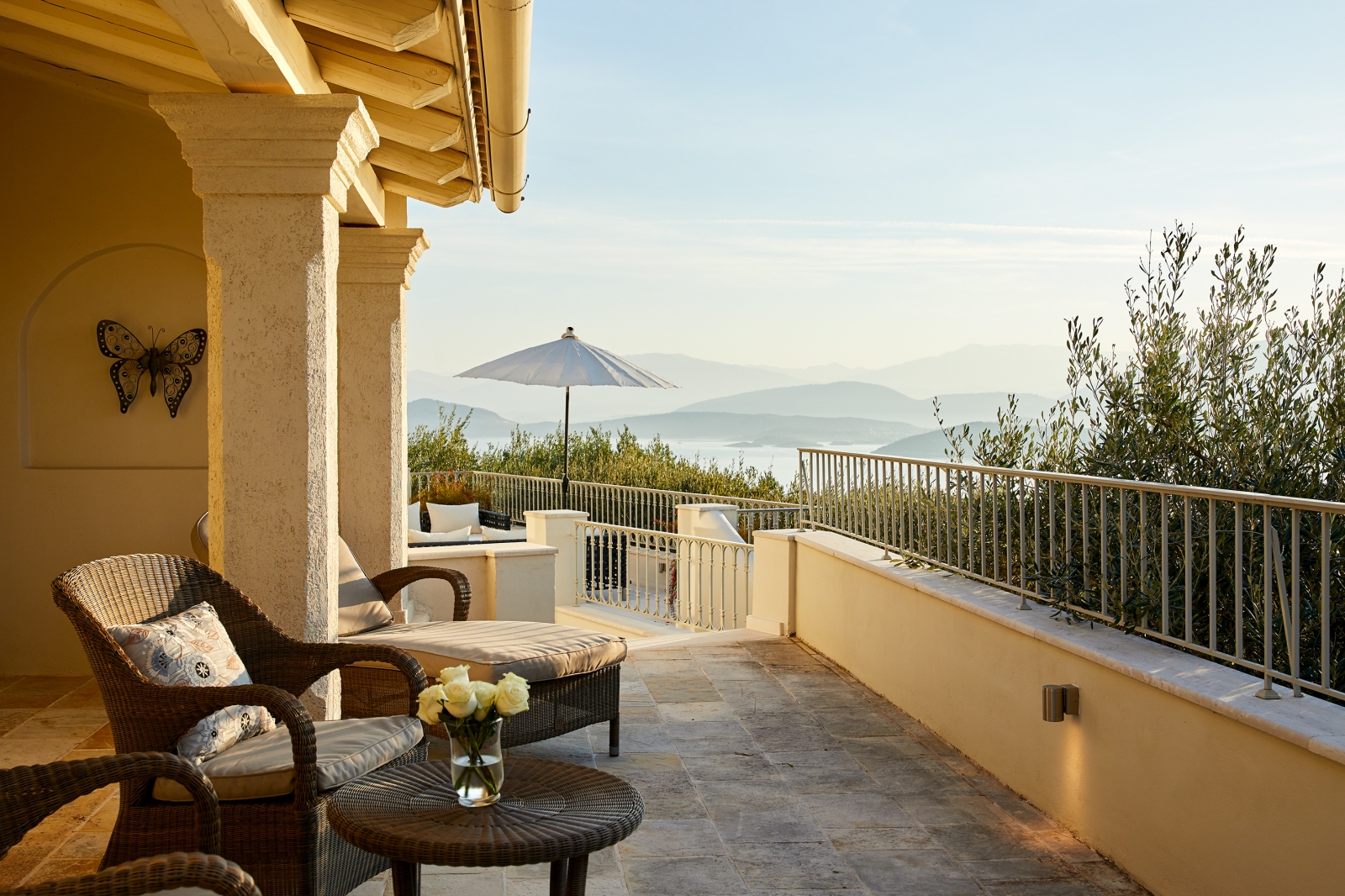 Private terrace with seating at Villa Kerasia in Corfu