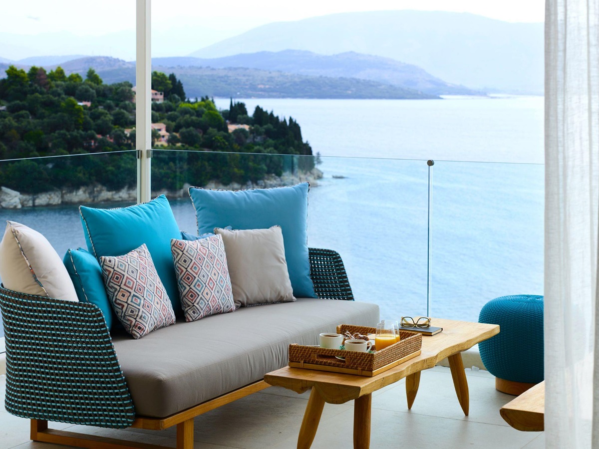 Outdoor seating with sea view at Villa Leonidas