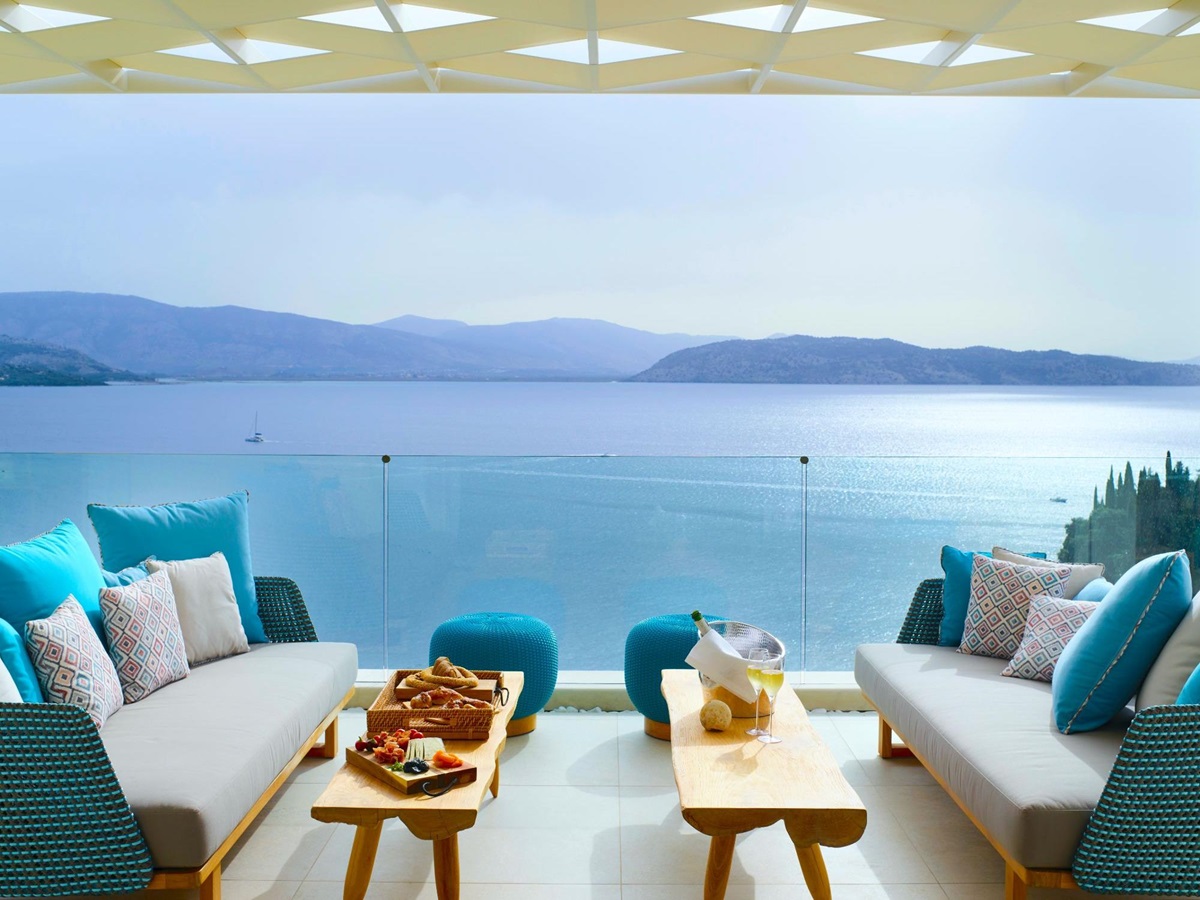 Outdoor terrace at Villa Leonidas with sea view