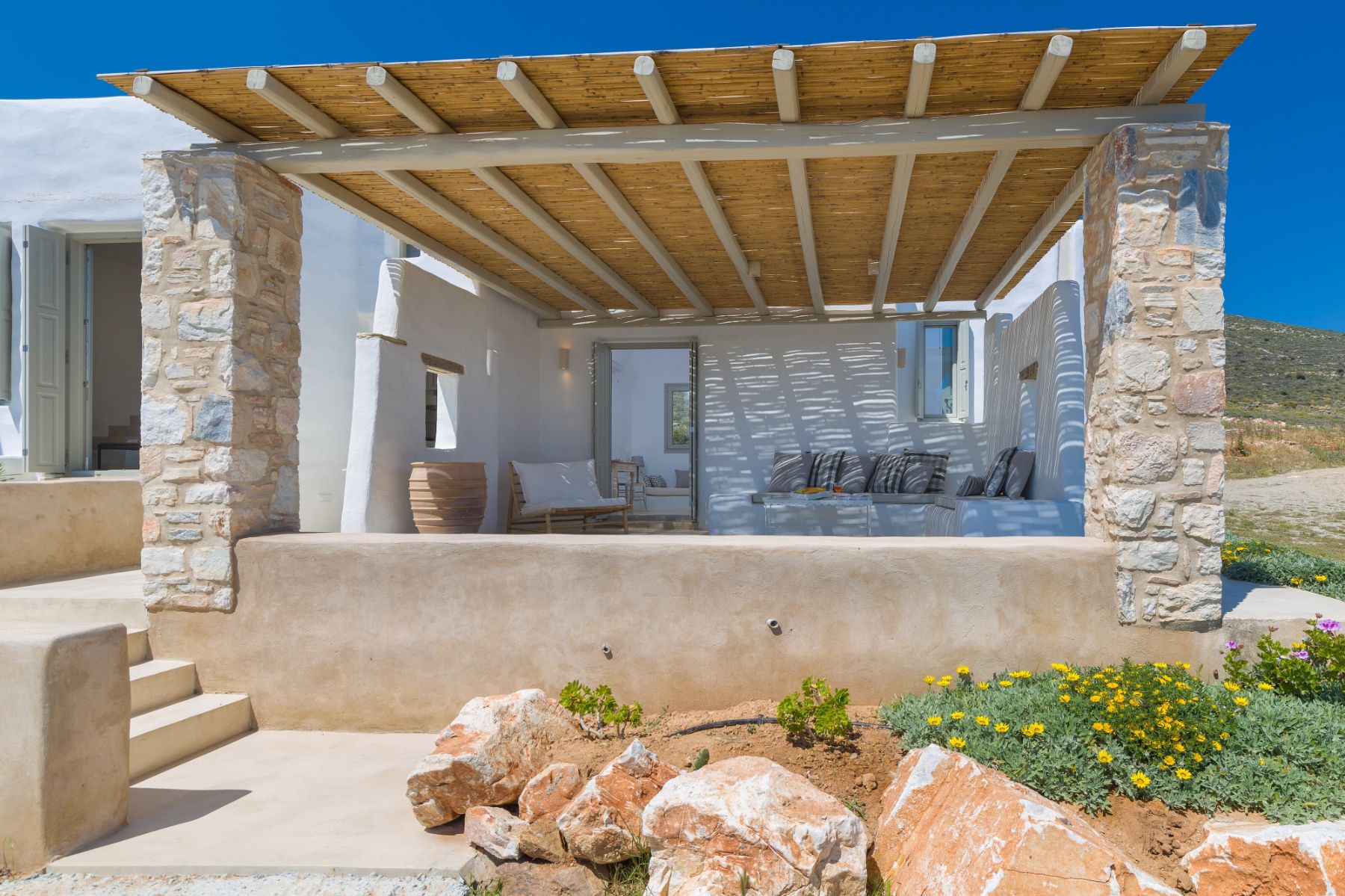 Terrace with seating at Villa Livadi, Paros
