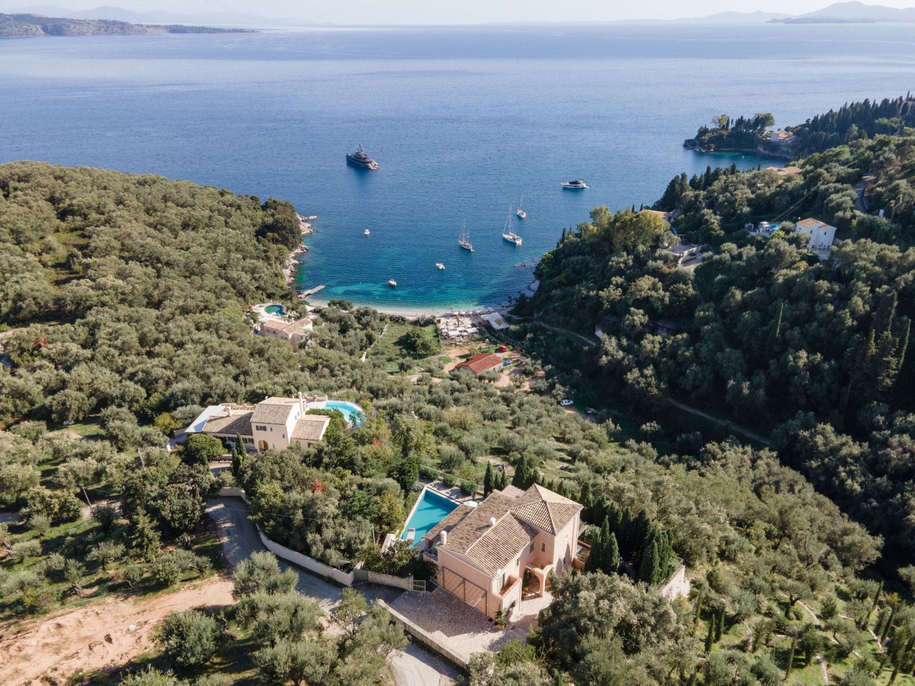 Aerial view of Villa Mareas, Corfu and coastline