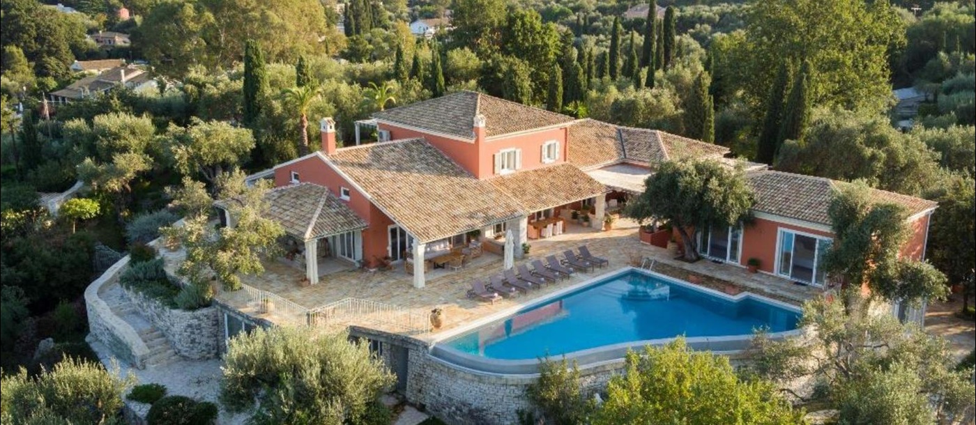 aerial view of villa with pool