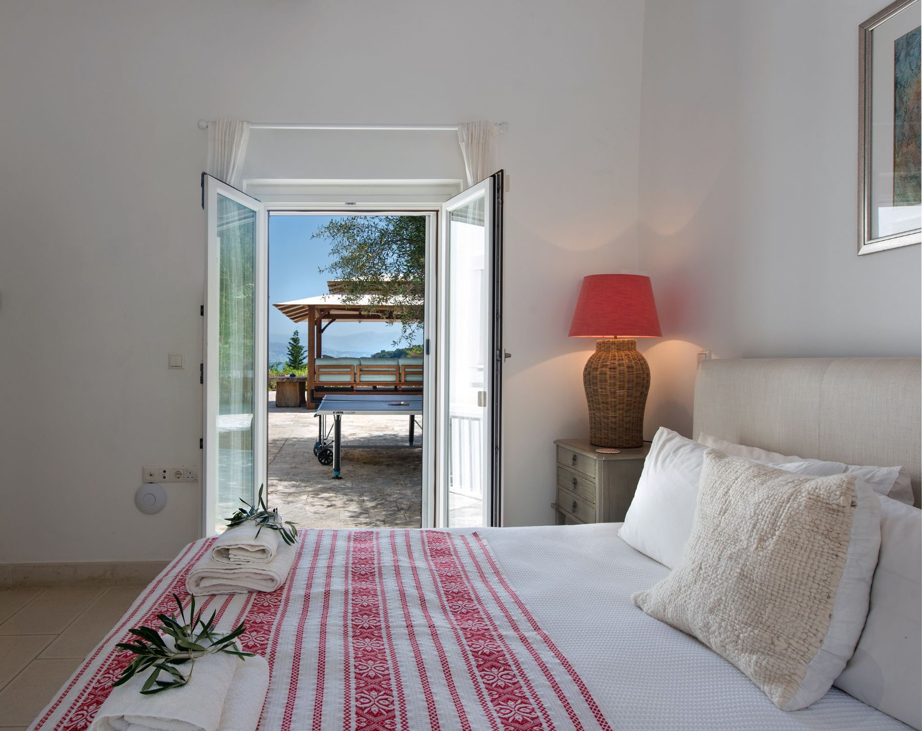 Bedroom with terrace view at Villa Pashalia, Corfu