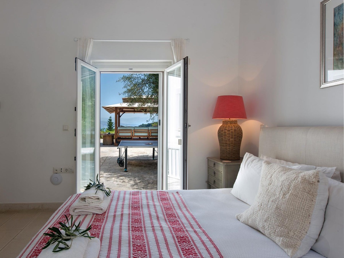 Bedroom with terrace view at Villa Pashalia, Corfu