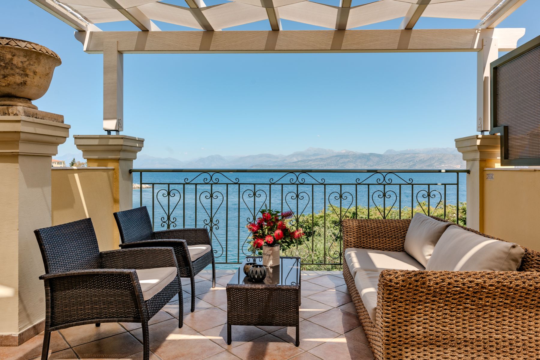 Balcony with seating at Villa Petra, Corfu