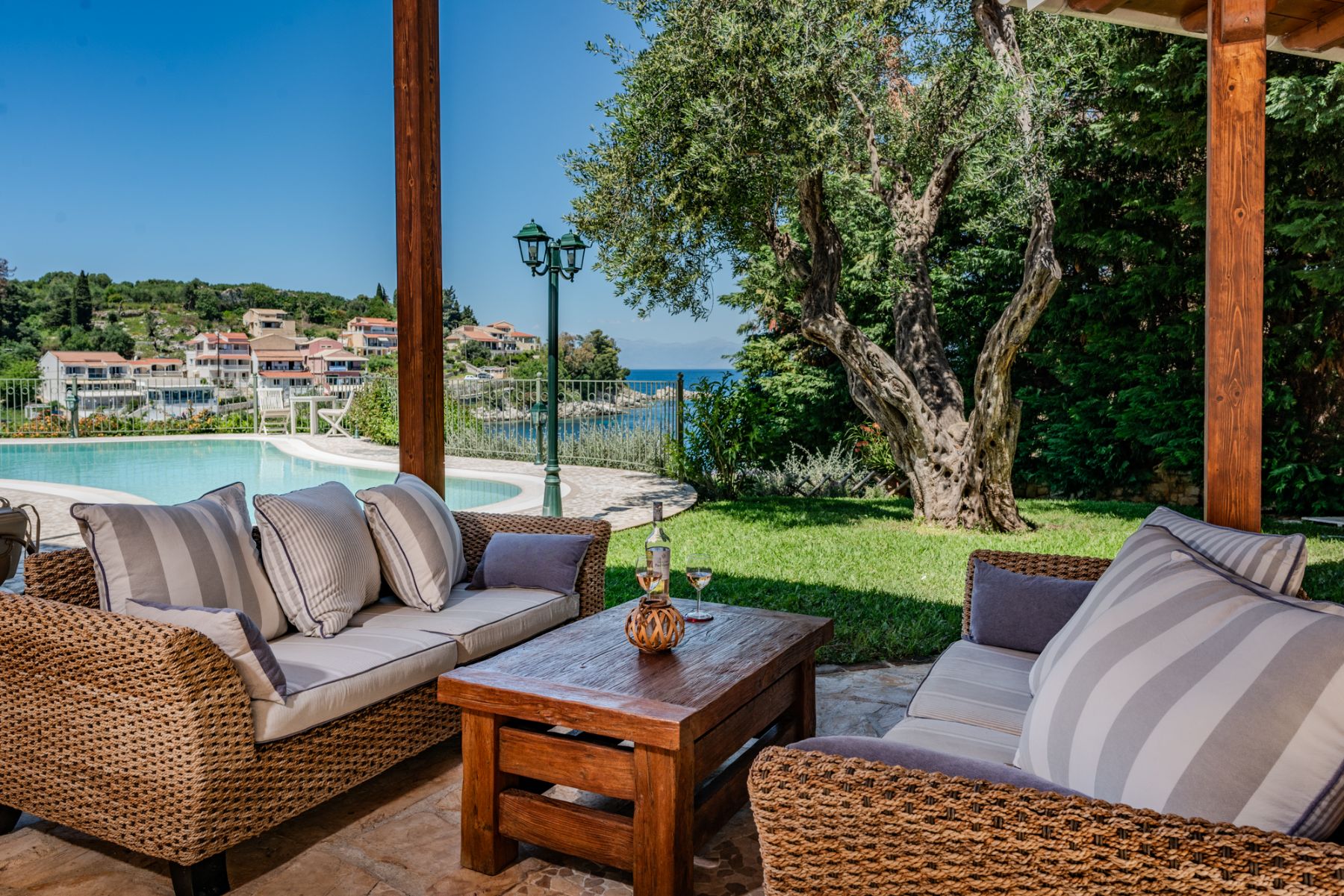 Outdoor terrace with seating at Villa Petra, Corfu