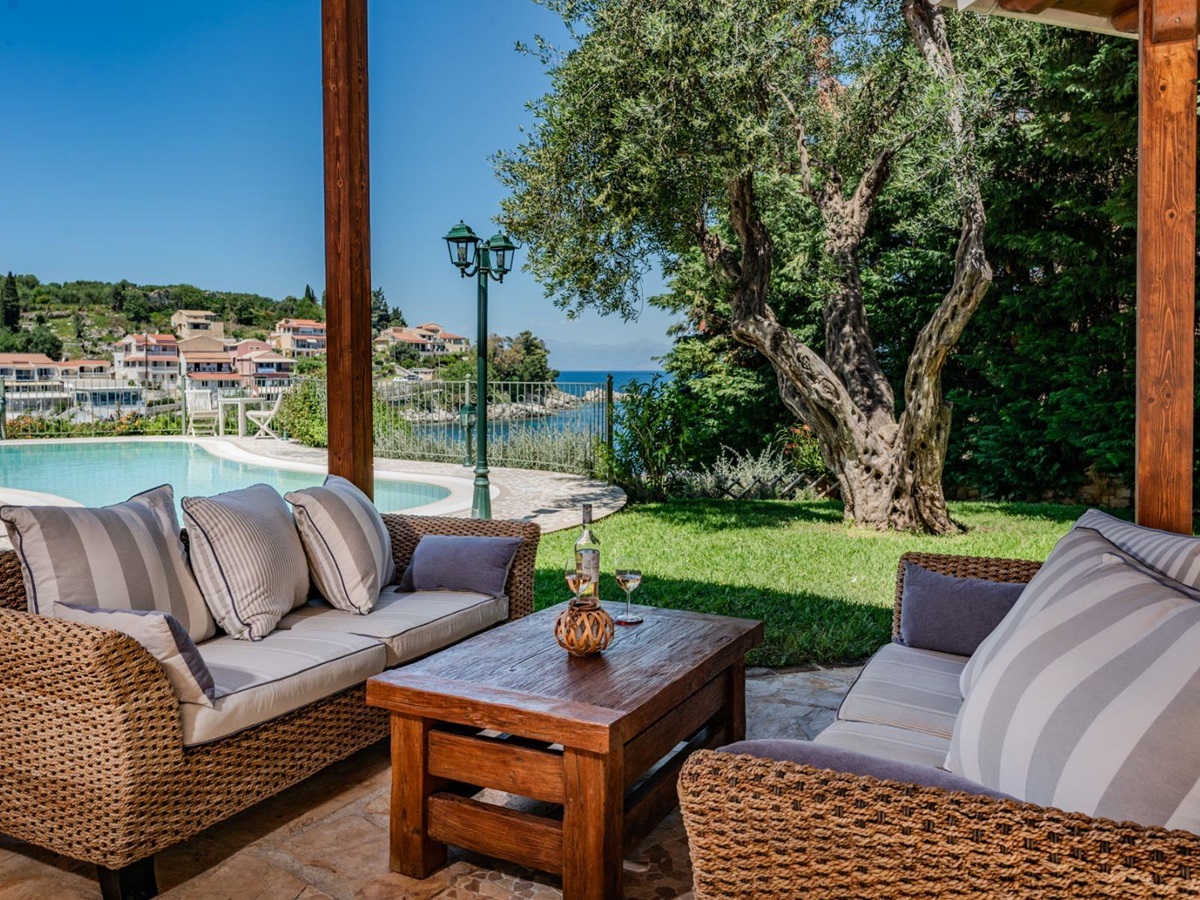 Outdoor terrace with seating at Villa Petra, Corfu