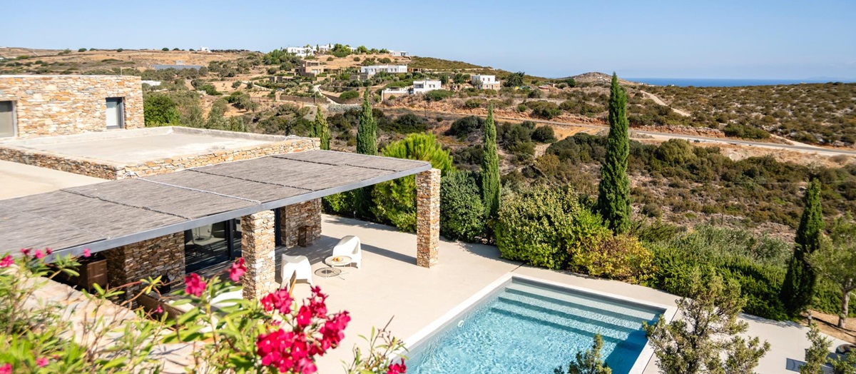 Aerial view of the pool at Villa Thalia in Sifnos