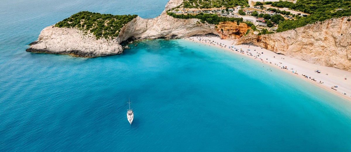 A yacht moored in a bay in the Ionian Islands