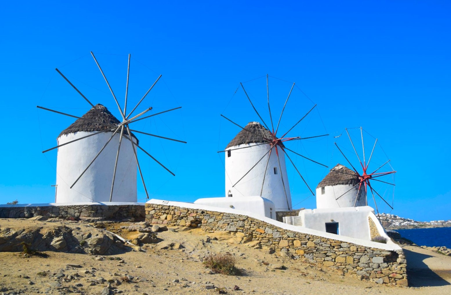 Typical Cycladean white windmills on Mykonos in Greece