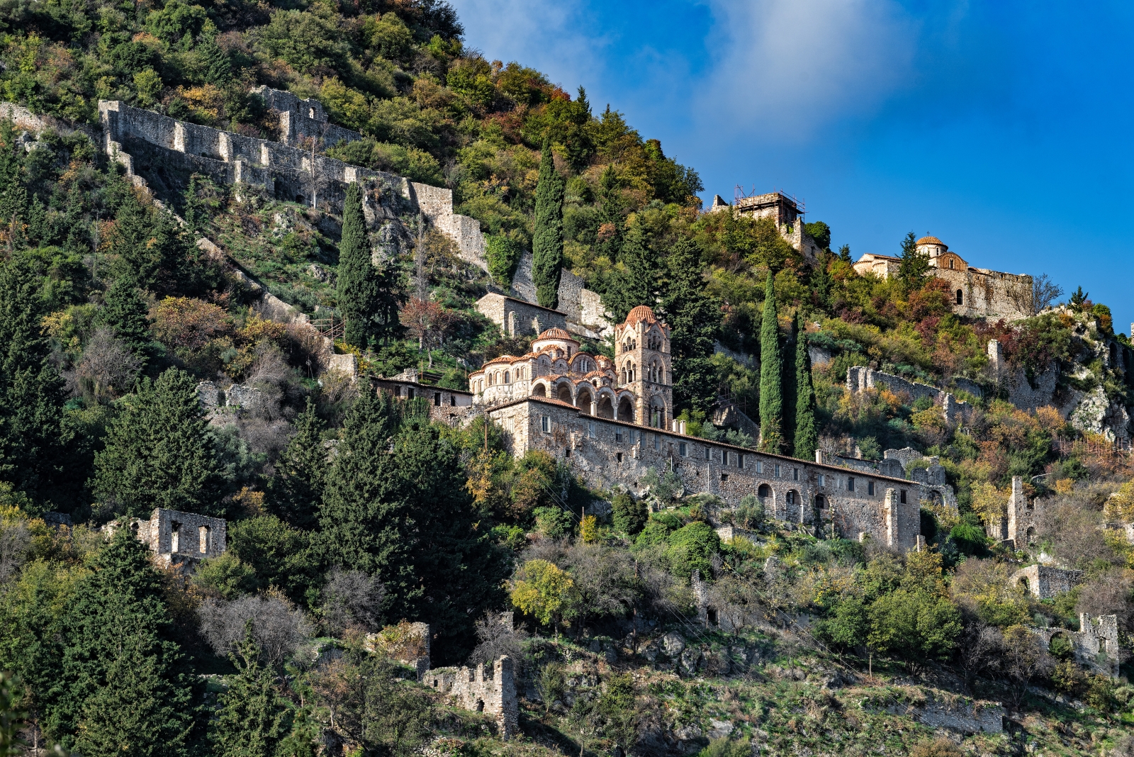 View of the Pantanassa monastery on the side of a mountain