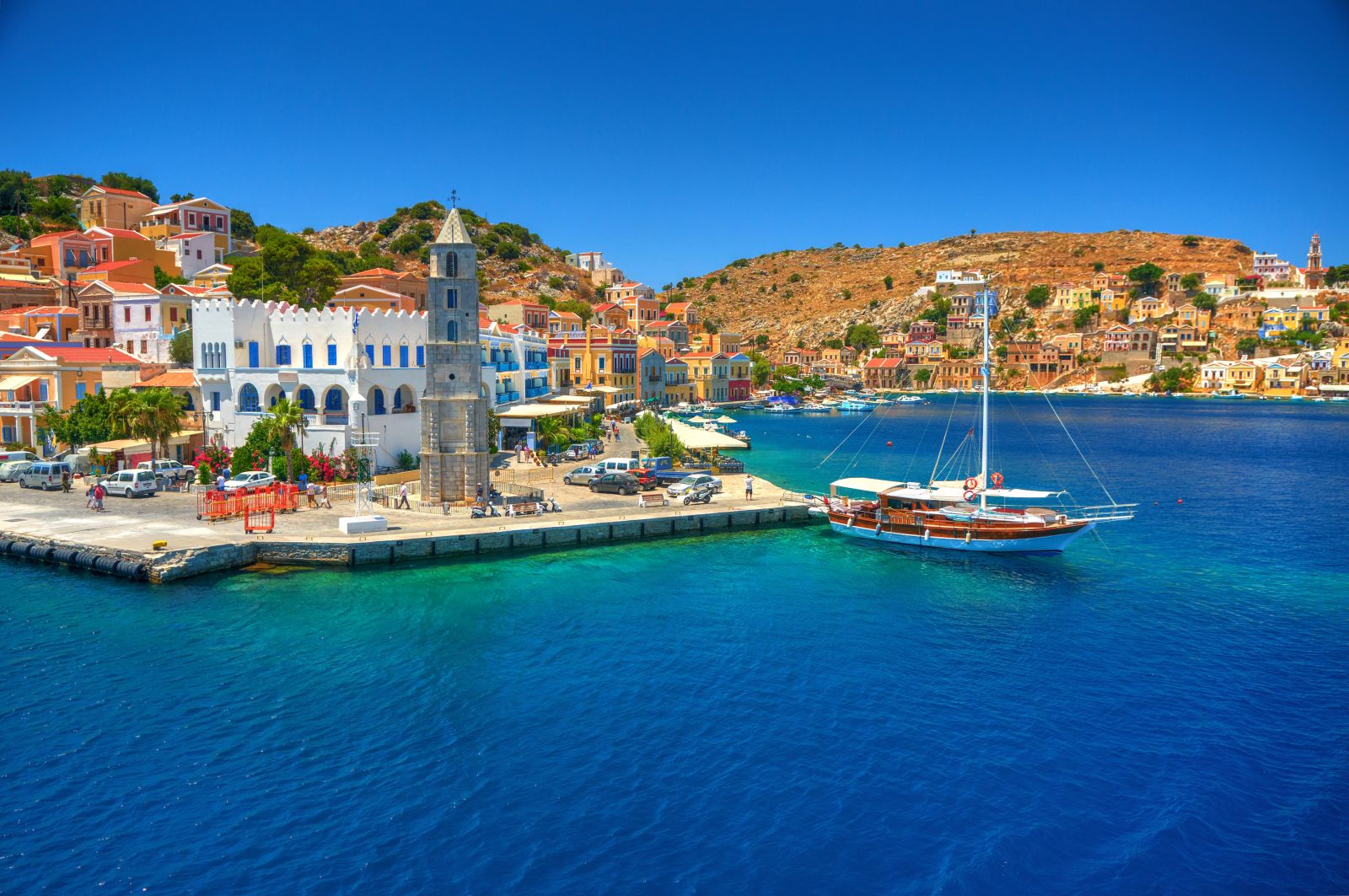 A yacht in Symi harbour in the Greek Islands