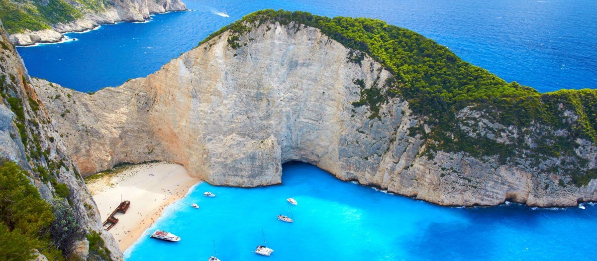 Aerial view of Shipwreck Bay in Zakynthos