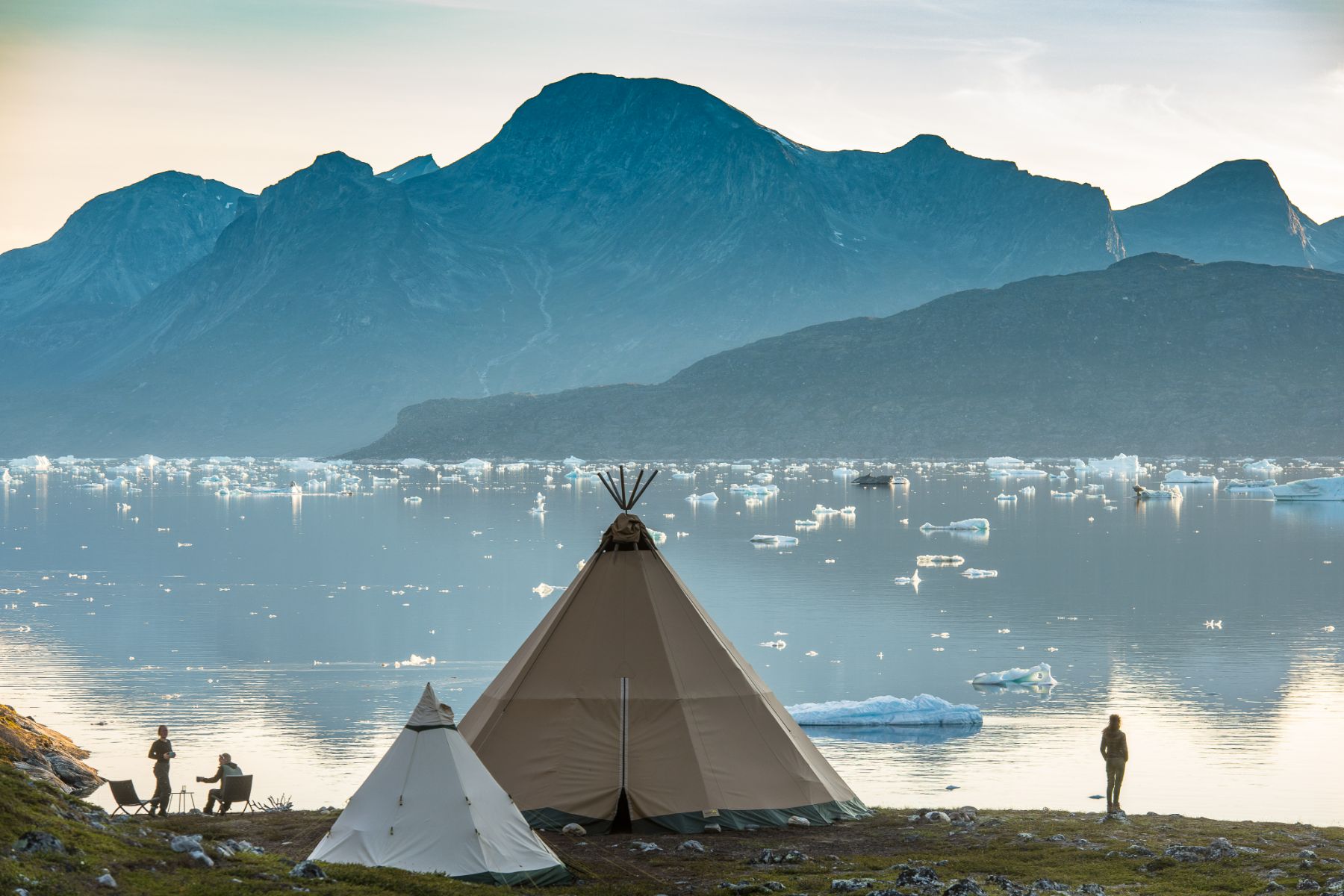 Tipi at Camp Kiattua Greenland facing the waters and mountains of Nuuk fjord