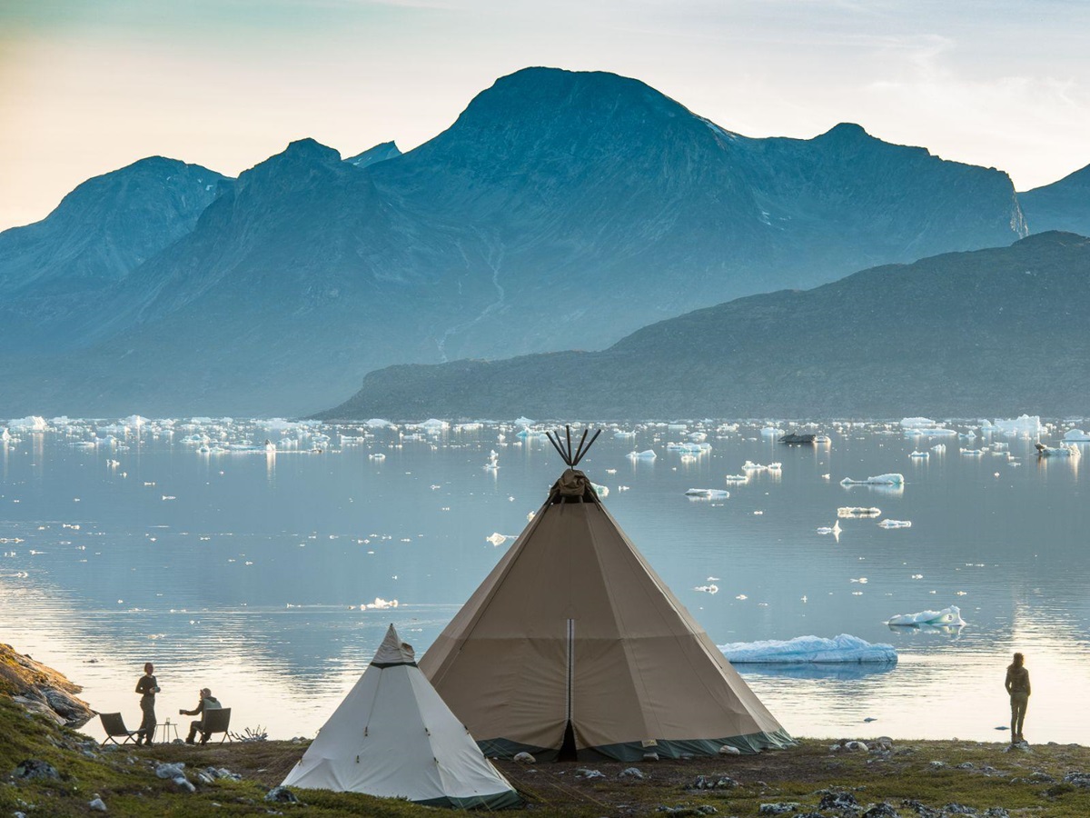 Tipi at Camp Kiattua Greenland facing the waters and mountains of Nuuk fjord
