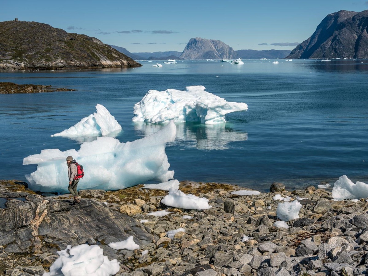 Lady walking along shore dotted with icebergs near Camp Kiattua Greenland