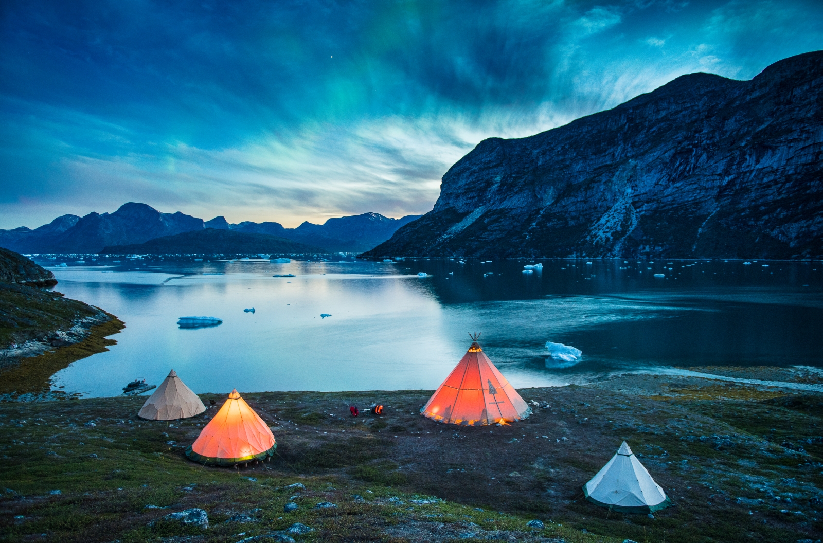 Camp Kiattua at night in Greenland