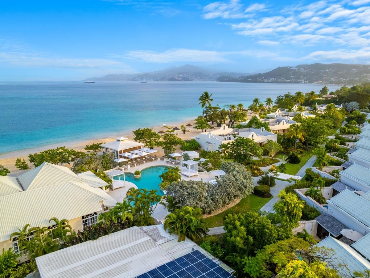 Aerial view of the pool and beach at Spice Island Beach Resort in Grenada