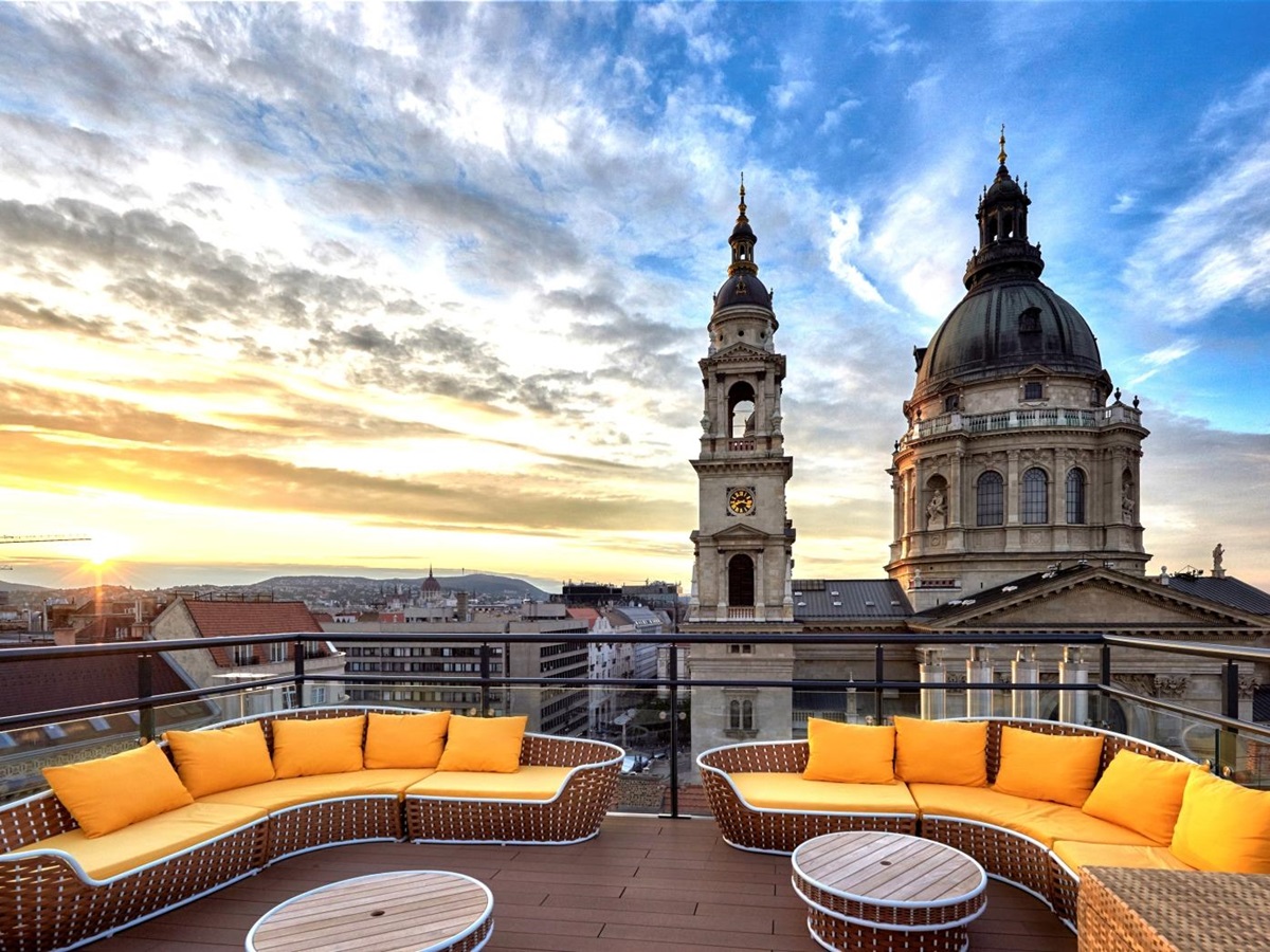 Seating area at High Note SkyBar in Aria Budapest in Hungary